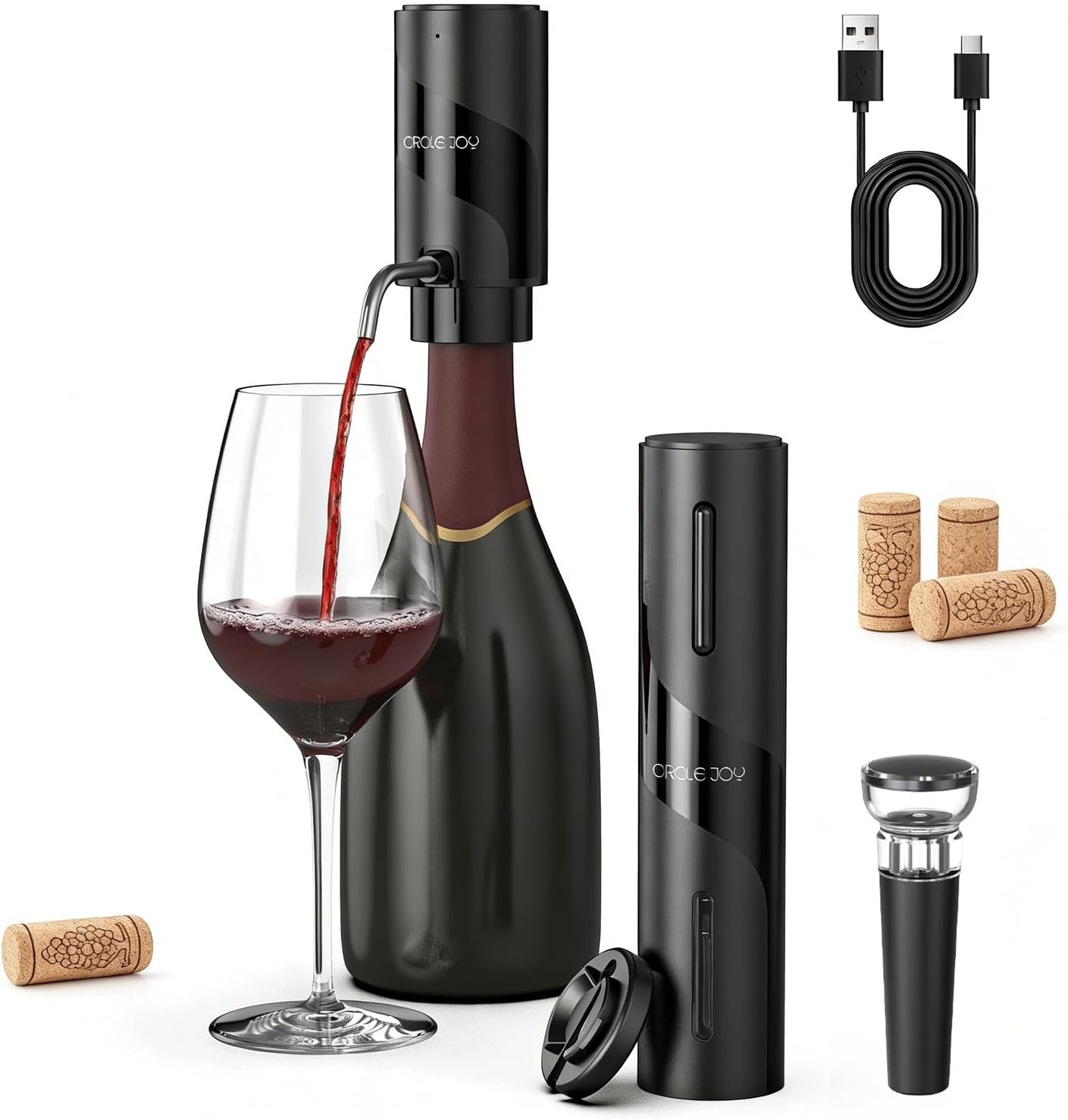 CIRCLE JOY Electric Wine Opener Rechargeable, 7-in-1 Automatic Wine Bottle Opener Gift Set with Electric Vacuum Pump, Foil Cutter, Aerator Pourer, 2 Stoppers & Charging Base, Black