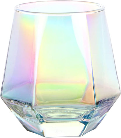 Wine Glasses Set of 2, Diamond Stemless Wine Glasses - Iridescent Glassware