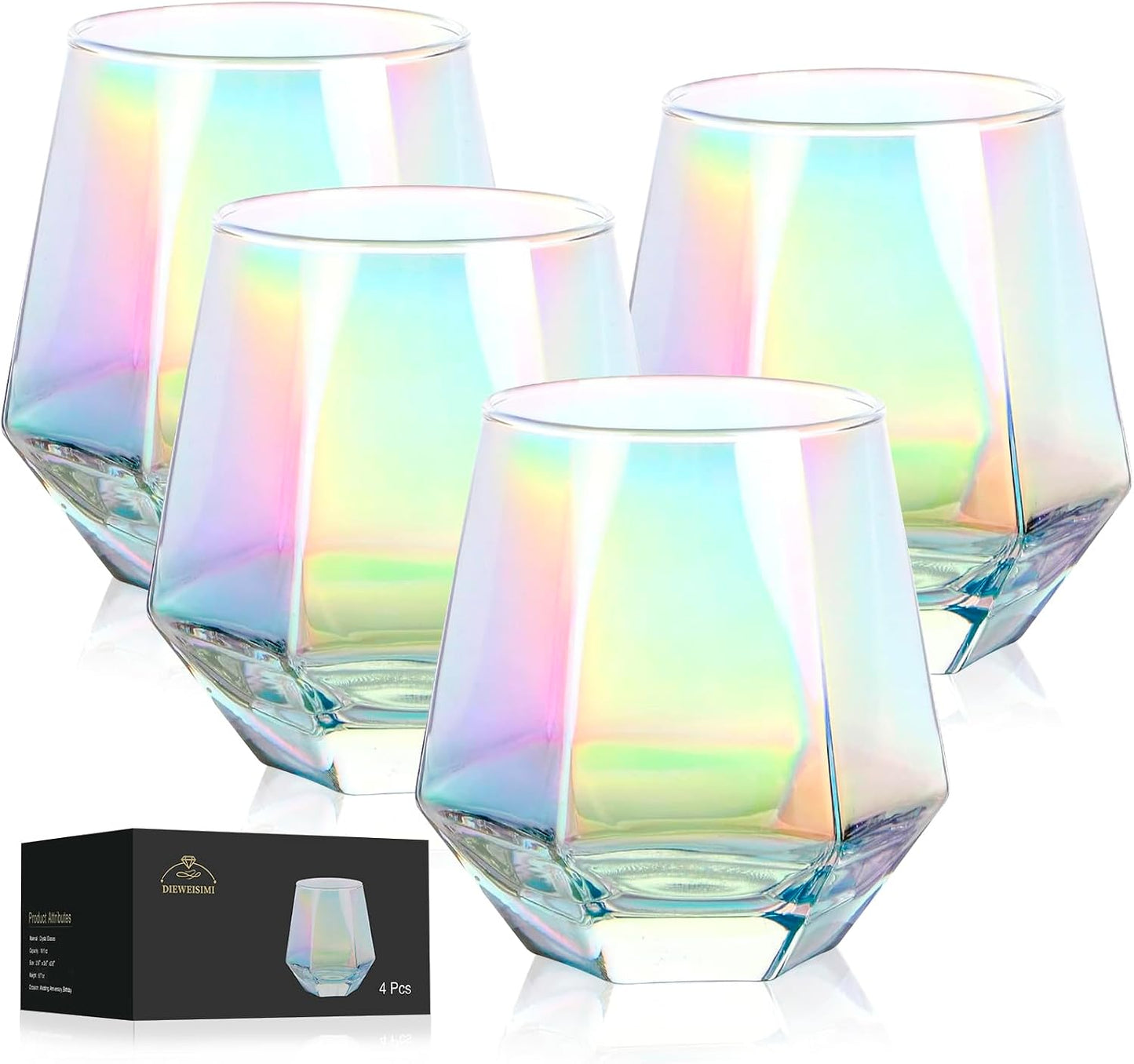 Wine Glasses Set of 2, Diamond Stemless Wine Glasses - Iridescent Glassware