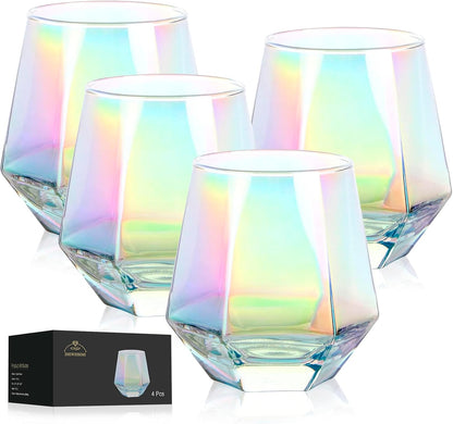 Wine Glasses Set of 2, Diamond Stemless Wine Glasses - Iridescent Glassware