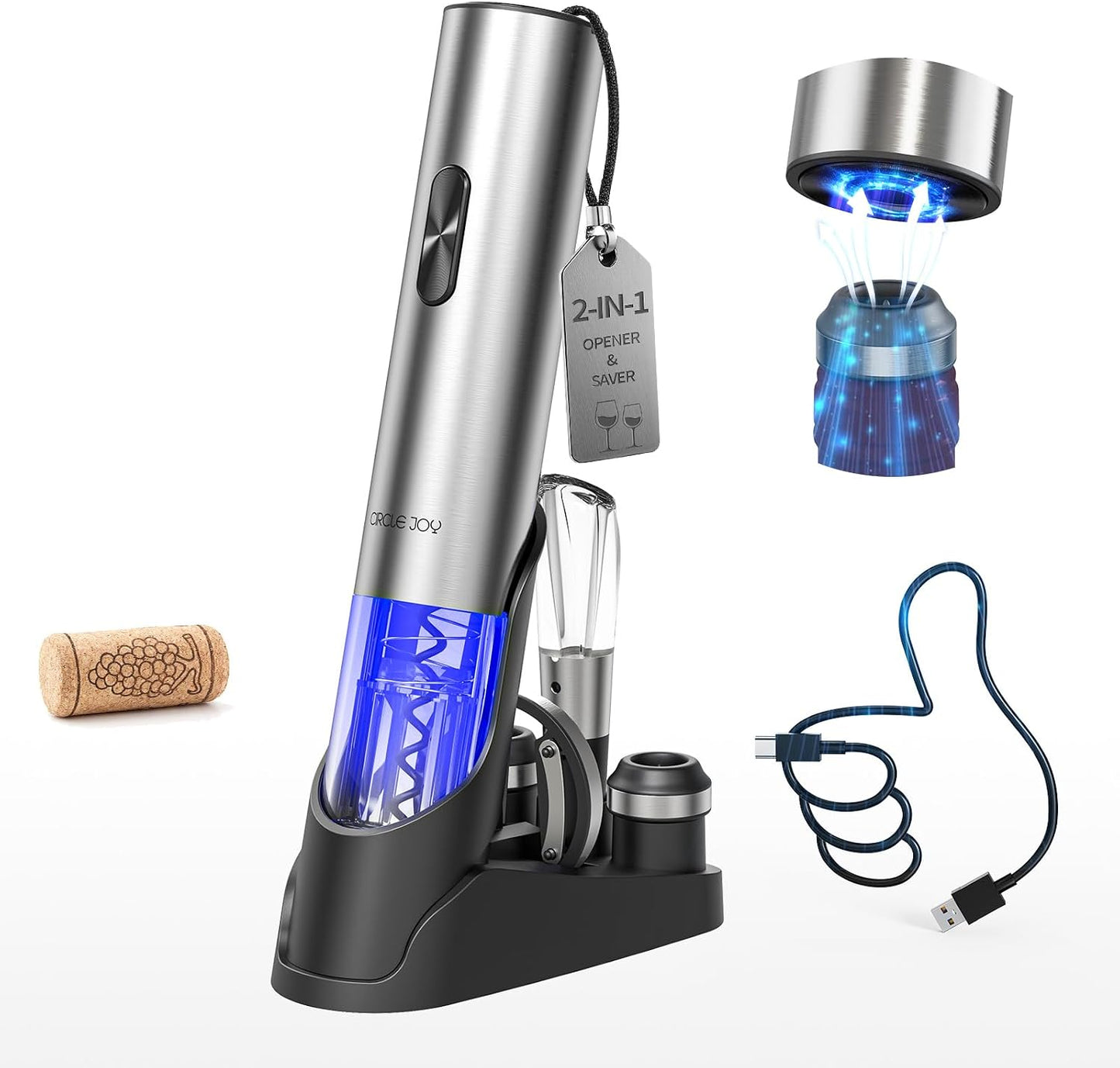 CIRCLE JOY Electric Wine Opener Rechargeable, 7-in-1 Automatic Wine Bottle Opener Gift Set with Electric Vacuum Pump, Foil Cutter, Aerator Pourer, 2 Stoppers & Charging Base, Black