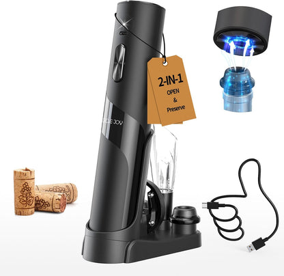 CIRCLE JOY Electric Wine Opener Rechargeable, 7-in-1 Automatic Wine Bottle Opener Gift Set with Electric Vacuum Pump, Foil Cutter, Aerator Pourer, 2 Stoppers & Charging Base, Black