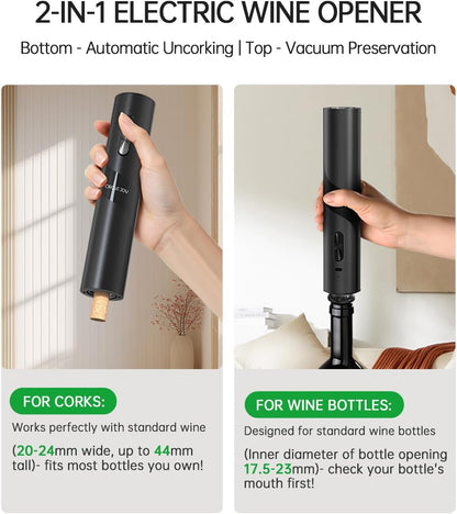 CIRCLE JOY Electric Wine Opener Rechargeable, 7-in-1 Automatic Wine Bottle Opener Gift Set with Electric Vacuum Pump, Foil Cutter, Aerator Pourer, 2 Stoppers & Charging Base, Black