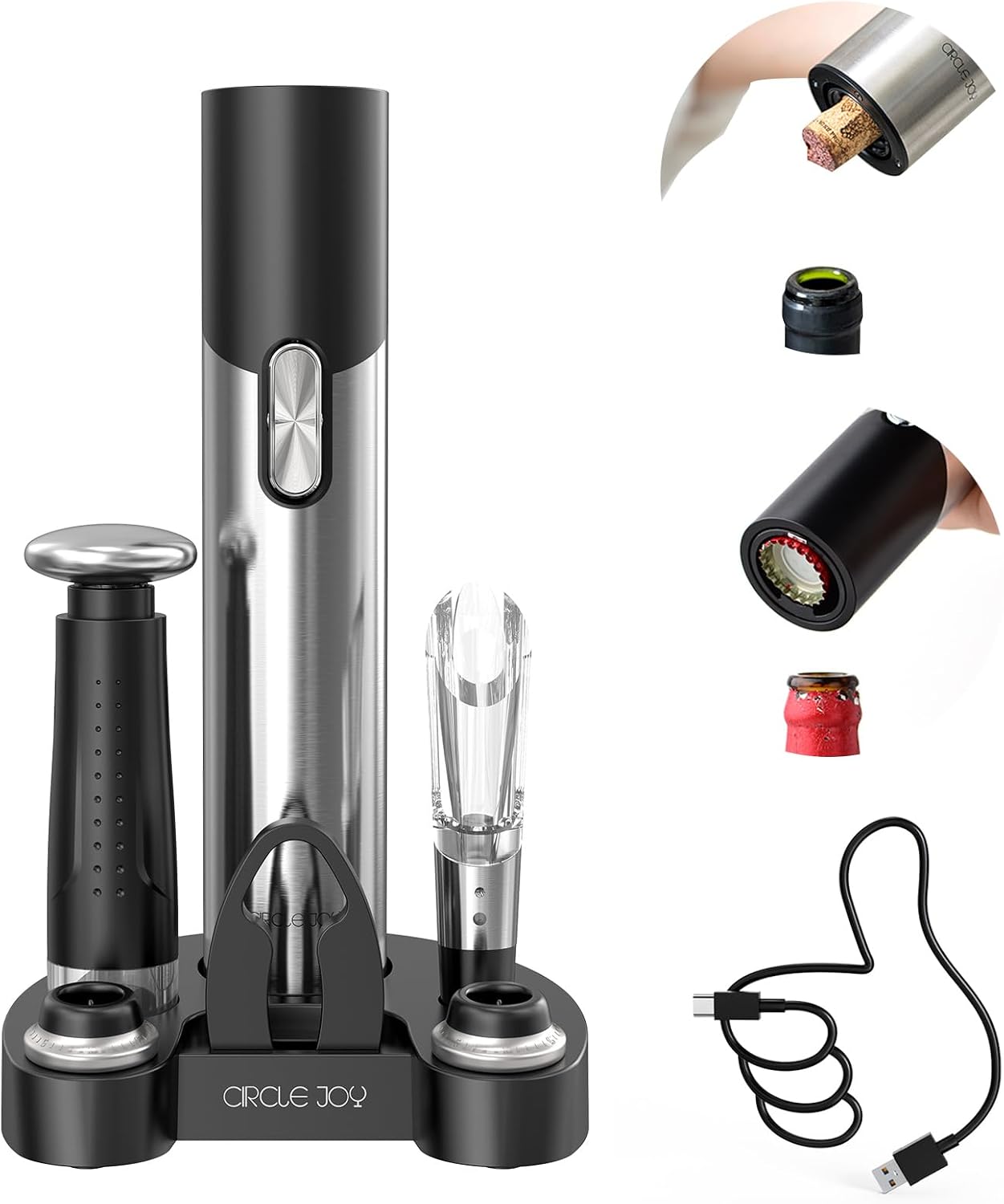 CIRCLE JOY Electric Wine Opener Rechargeable, 7-in-1 Automatic Wine Bottle Opener Gift Set with Electric Vacuum Pump, Foil Cutter, Aerator Pourer, 2 Stoppers & Charging Base, Black