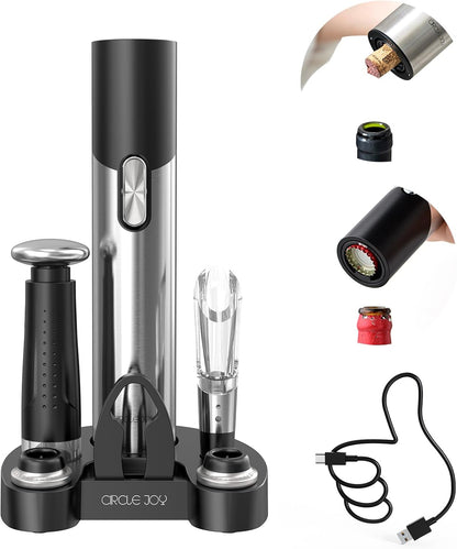 CIRCLE JOY Electric Wine Opener Rechargeable, 7-in-1 Automatic Wine Bottle Opener Gift Set with Electric Vacuum Pump, Foil Cutter, Aerator Pourer, 2 Stoppers & Charging Base, Black