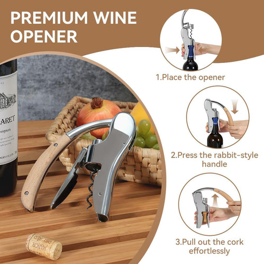 Rabbit Wine Opener with Wooden Handle & Foil Cutter