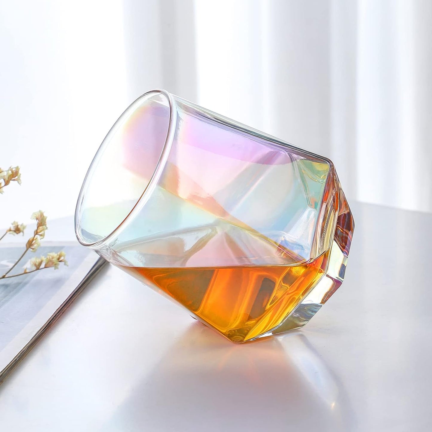Wine Glasses Set of 2, Diamond Stemless Wine Glasses - Iridescent Glassware