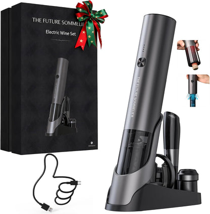 CIRCLE JOY Electric Wine Opener Rechargeable, 7-in-1 Automatic Wine Bottle Opener Gift Set with Electric Vacuum Pump, Foil Cutter, Aerator Pourer, 2 Stoppers & Charging Base, Black