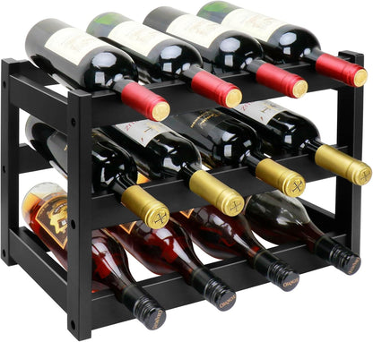 Bamboo Wine Rack, 3-Tier 12 Bottles Wine Storage Cabinet Shelf