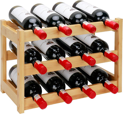 Bamboo Wine Rack, 3-Tier 12 Bottles Wine Storage Cabinet Shelf