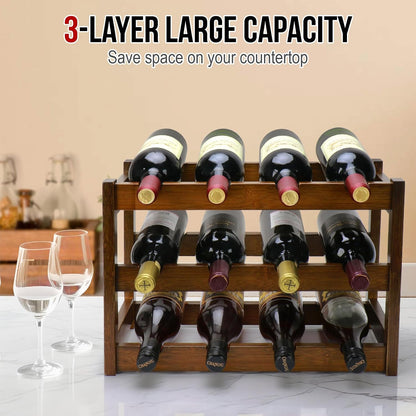 Bamboo Wine Rack, 3-Tier 12 Bottles Wine Storage Cabinet Shelf