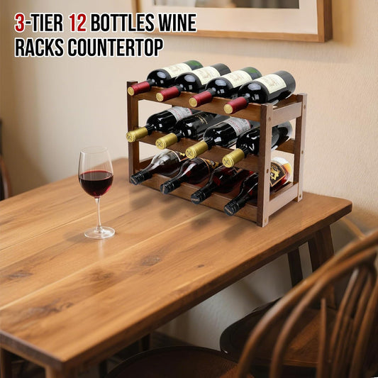 Bamboo Wine Rack, 3-Tier 12 Bottles Wine Storage Cabinet Shelf