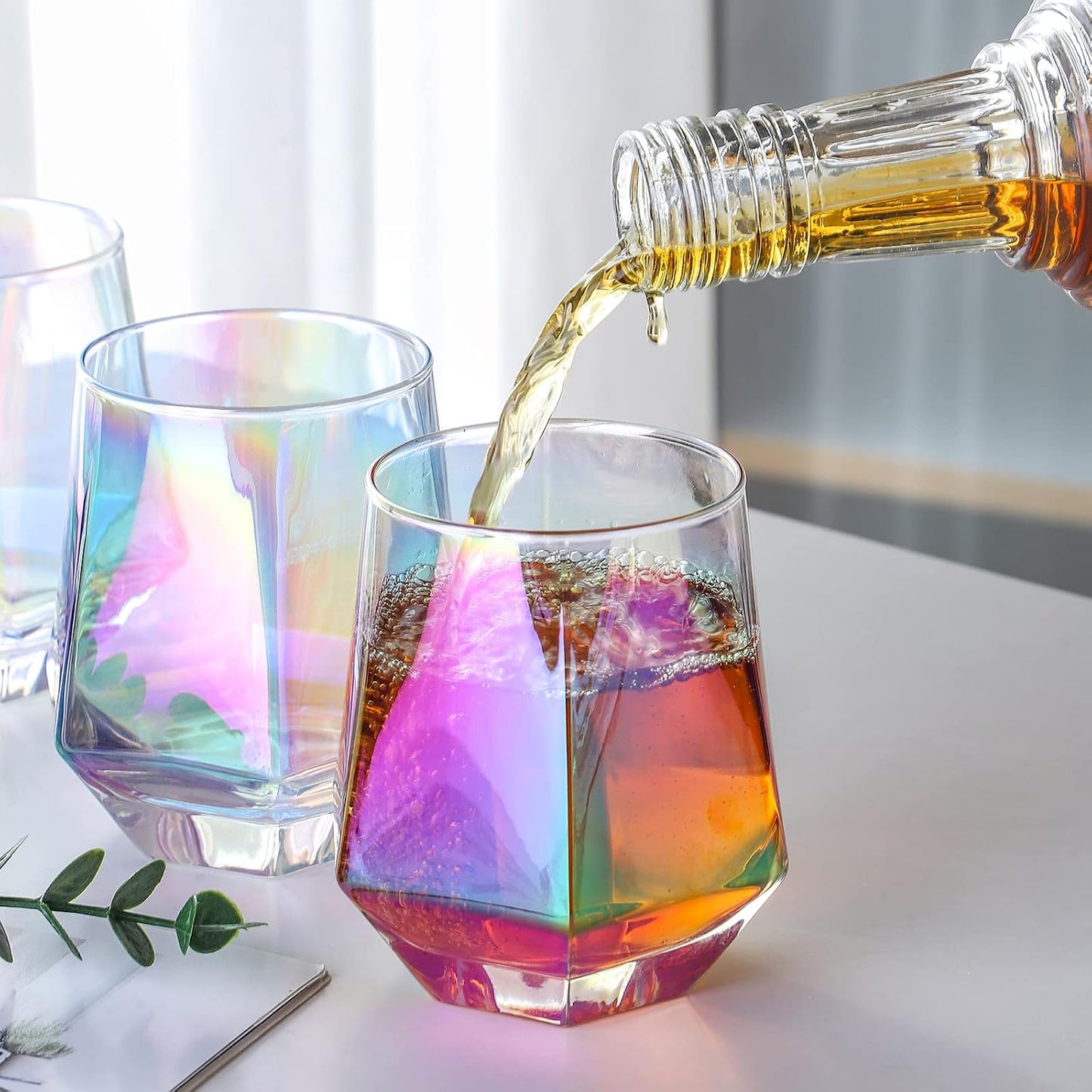 Wine Glasses Set of 2, Diamond Stemless Wine Glasses - Iridescent Glassware