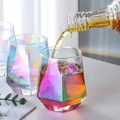 Wine Glasses Set of 2, Diamond Stemless Wine Glasses - Iridescent Glassware