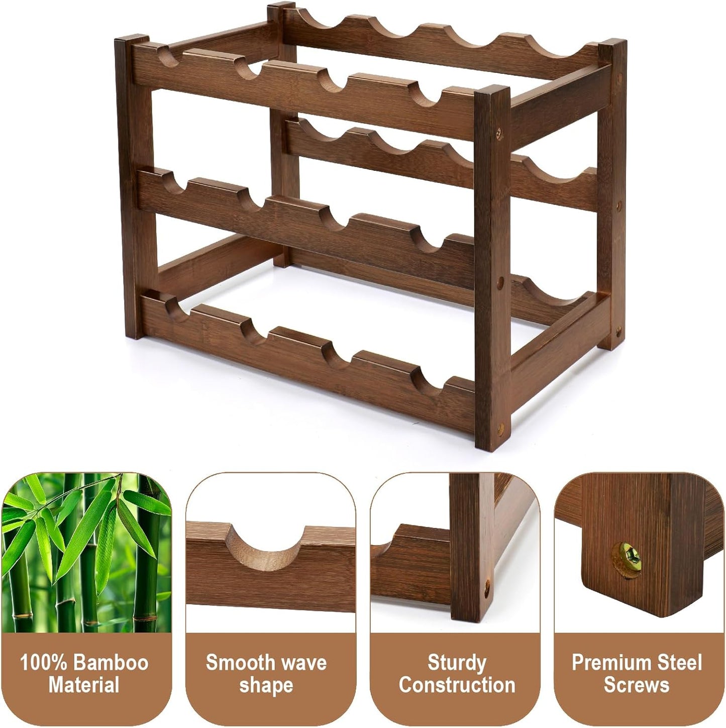 Bamboo Wine Rack, 3-Tier 12 Bottles Wine Storage Cabinet Shelf