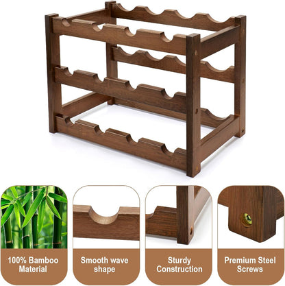 Bamboo Wine Rack, 3-Tier 12 Bottles Wine Storage Cabinet Shelf