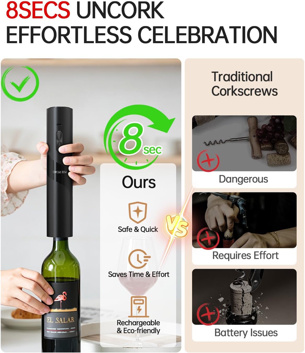CIRCLE JOY Electric Wine Opener Rechargeable, 7-in-1 Automatic Wine Bottle Opener Gift Set with Electric Vacuum Pump, Foil Cutter, Aerator Pourer, 2 Stoppers & Charging Base, Black