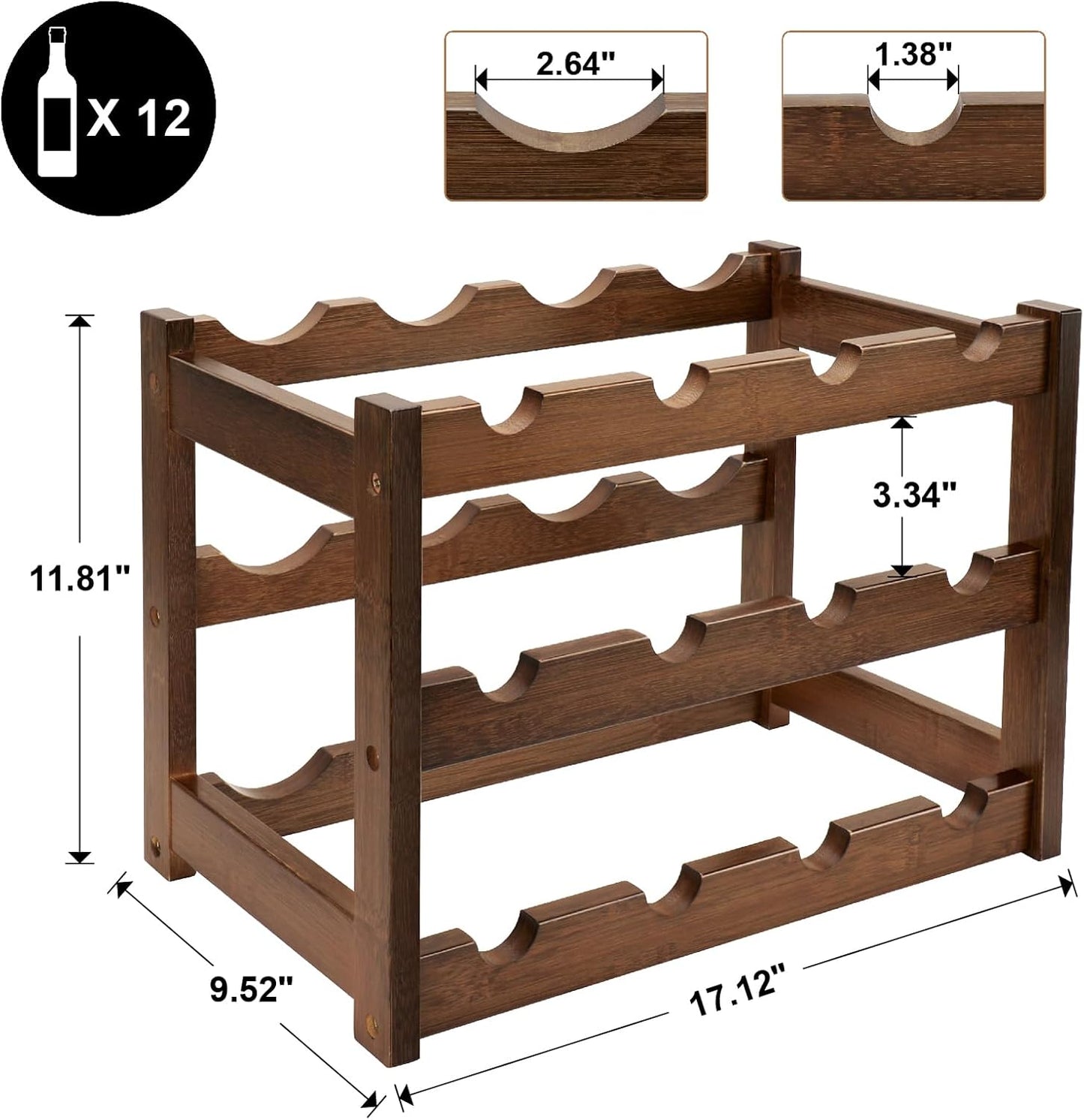 Bamboo Wine Rack, 3-Tier 12 Bottles Wine Storage Cabinet Shelf