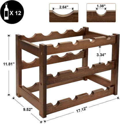 Bamboo Wine Rack, 3-Tier 12 Bottles Wine Storage Cabinet Shelf