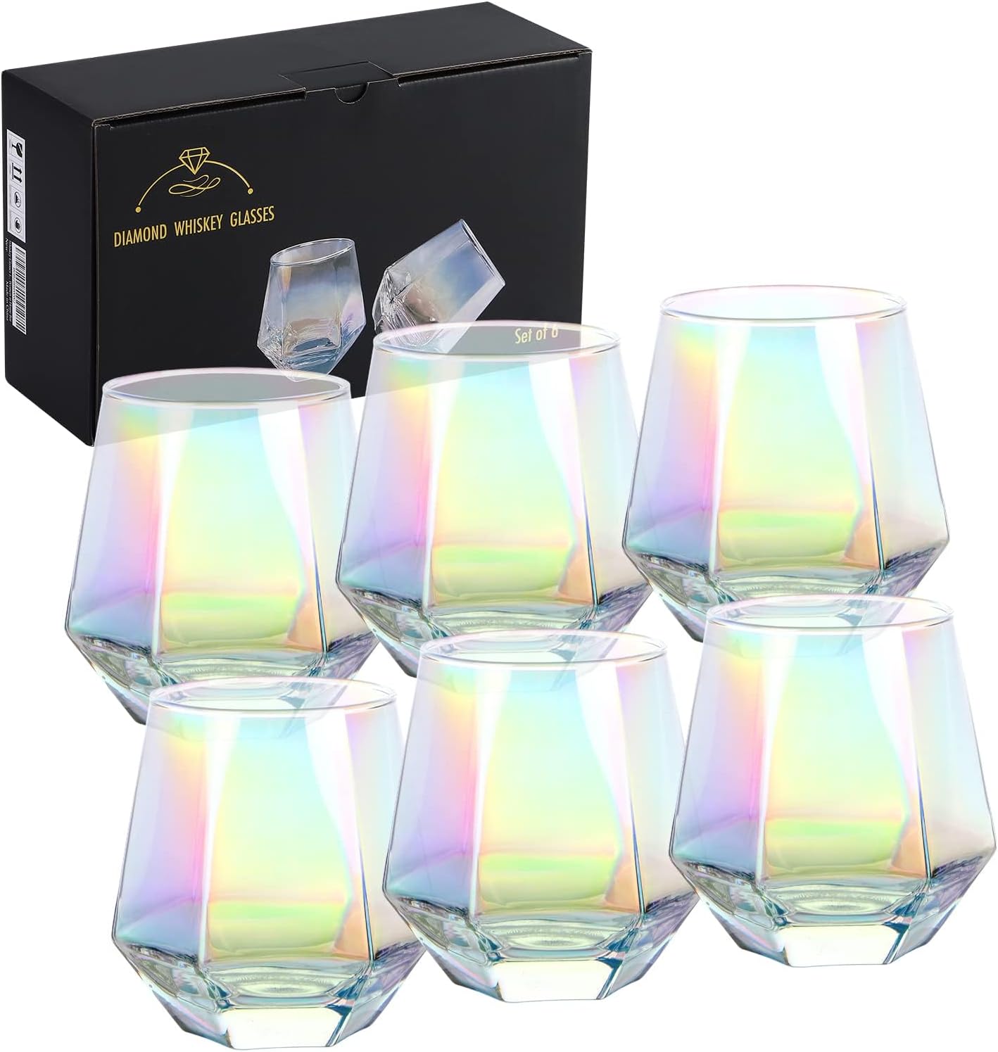 Wine Glasses Set of 2, Diamond Stemless Wine Glasses - Iridescent Glassware