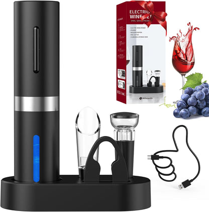 CIRCLE JOY Electric Wine Opener Rechargeable, 7-in-1 Automatic Wine Bottle Opener Gift Set with Electric Vacuum Pump, Foil Cutter, Aerator Pourer, 2 Stoppers & Charging Base, Black