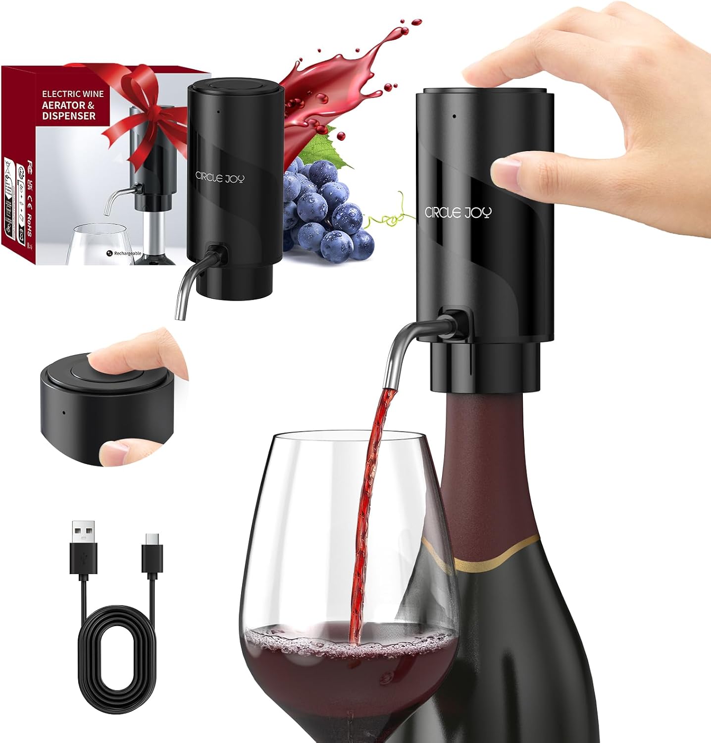 CIRCLE JOY Electric Wine Opener Rechargeable, 7-in-1 Automatic Wine Bottle Opener Gift Set with Electric Vacuum Pump, Foil Cutter, Aerator Pourer, 2 Stoppers & Charging Base, Black