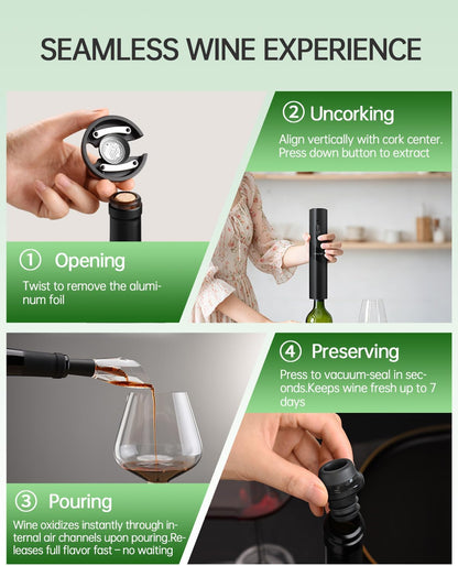 CIRCLE JOY Electric Wine Opener Rechargeable, 7-in-1 Automatic Wine Bottle Opener Gift Set with Electric Vacuum Pump, Foil Cutter, Aerator Pourer, 2 Stoppers & Charging Base, Black