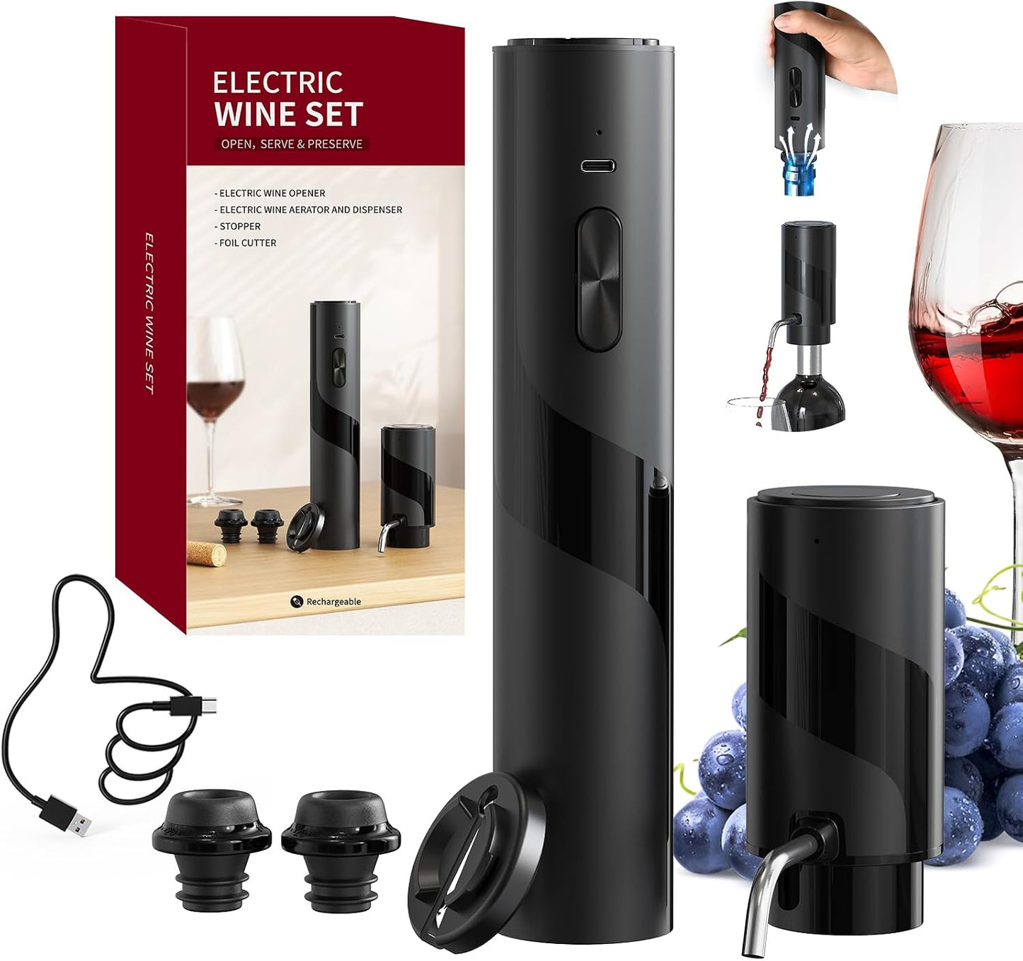 CIRCLE JOY Electric Wine Opener Rechargeable, 7-in-1 Automatic Wine Bottle Opener Gift Set with Electric Vacuum Pump, Foil Cutter, Aerator Pourer, 2 Stoppers & Charging Base, Black