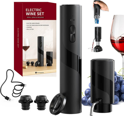 CIRCLE JOY Electric Wine Opener Rechargeable, 7-in-1 Automatic Wine Bottle Opener Gift Set with Electric Vacuum Pump, Foil Cutter, Aerator Pourer, 2 Stoppers & Charging Base, Black