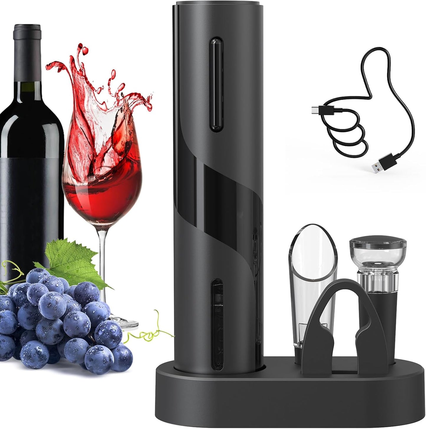 CIRCLE JOY Electric Wine Opener Rechargeable, 7-in-1 Automatic Wine Bottle Opener Gift Set with Electric Vacuum Pump, Foil Cutter, Aerator Pourer, 2 Stoppers & Charging Base, Black