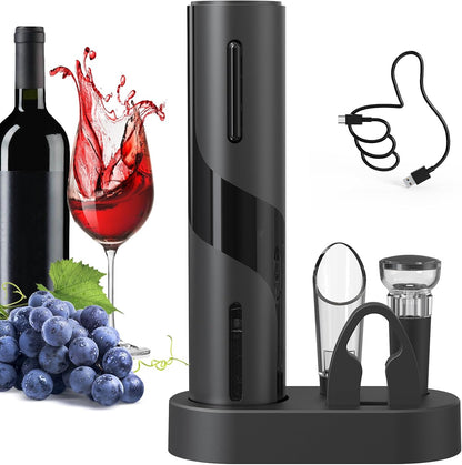 CIRCLE JOY Electric Wine Opener Rechargeable, 7-in-1 Automatic Wine Bottle Opener Gift Set with Electric Vacuum Pump, Foil Cutter, Aerator Pourer, 2 Stoppers & Charging Base, Black