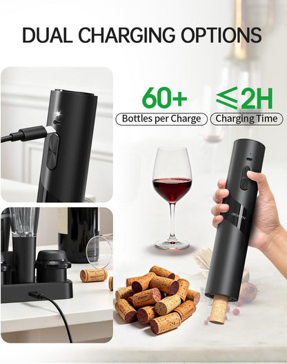 CIRCLE JOY Electric Wine Opener Rechargeable, 7-in-1 Automatic Wine Bottle Opener Gift Set with Electric Vacuum Pump, Foil Cutter, Aerator Pourer, 2 Stoppers & Charging Base, Black