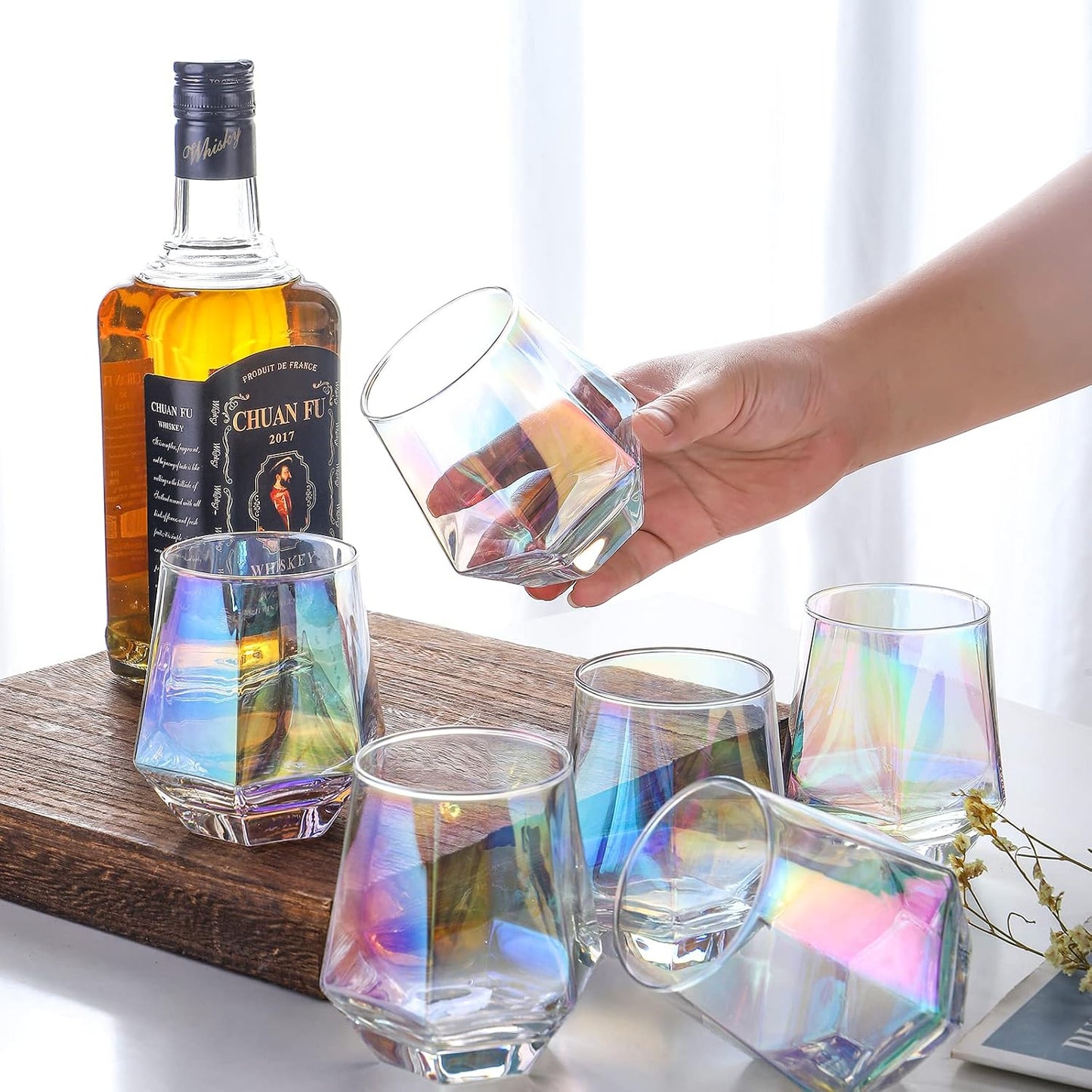 Wine Glasses Set of 2, Diamond Stemless Wine Glasses - Iridescent Glassware
