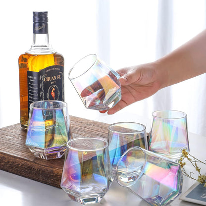 Wine Glasses Set of 2, Diamond Stemless Wine Glasses - Iridescent Glassware